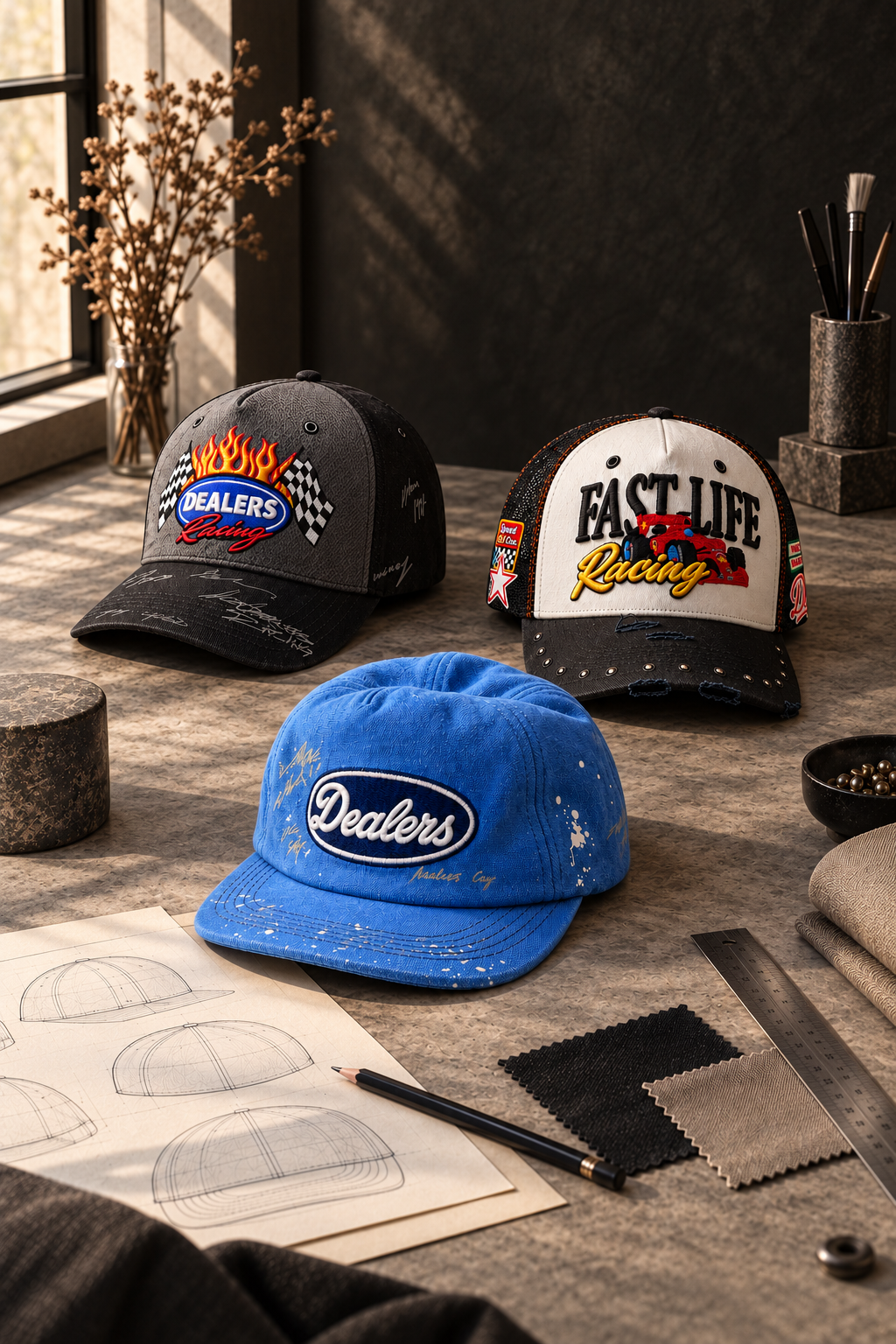 Three original hat designs by Joe Read: reflective Dealers Racing, blue unstructured Dealers, and Fast Life Racing trucker, displayed on a warm studio workbench with hat sketches and fabric swatches.